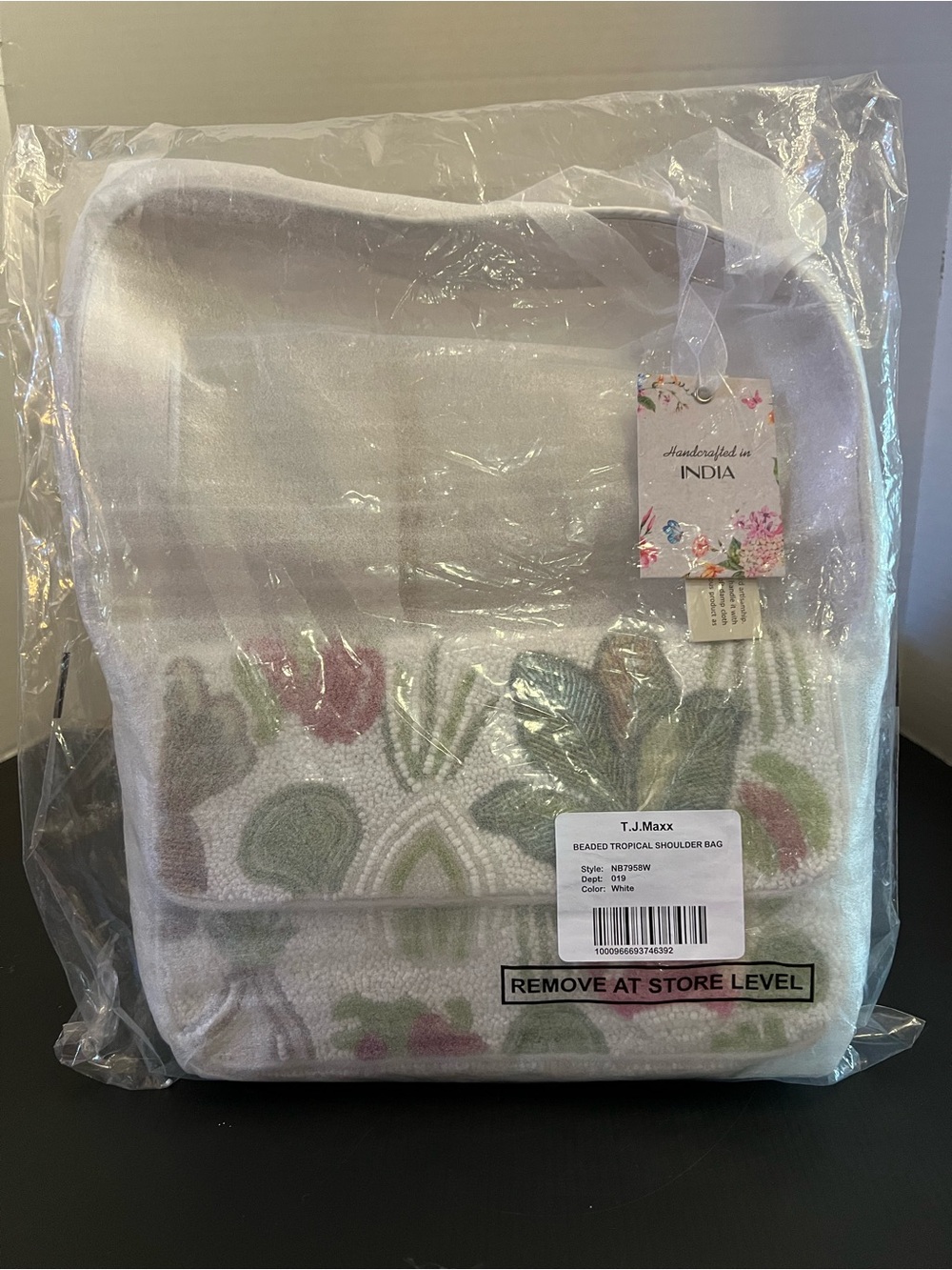 Made in India White Beaded Shoulder Bag with Pink and Green Vegetable Accents - Picture 2 of 3